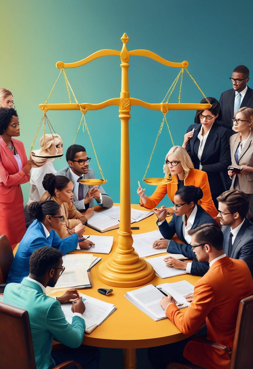 A creative portrayal of a diverse group of bloggers engaging in discussions, surrounded by legal symbols like scales of justice and books. Illustrate a digital landscape where ideas flow seamlessly between policy documents and impactful blog posts, highlighting connections between blogging and regulatory change. Include a bright, dynamic color palette to evoke a sense of innovation and dialogue. super-realistic. vibrant colors. digital art.