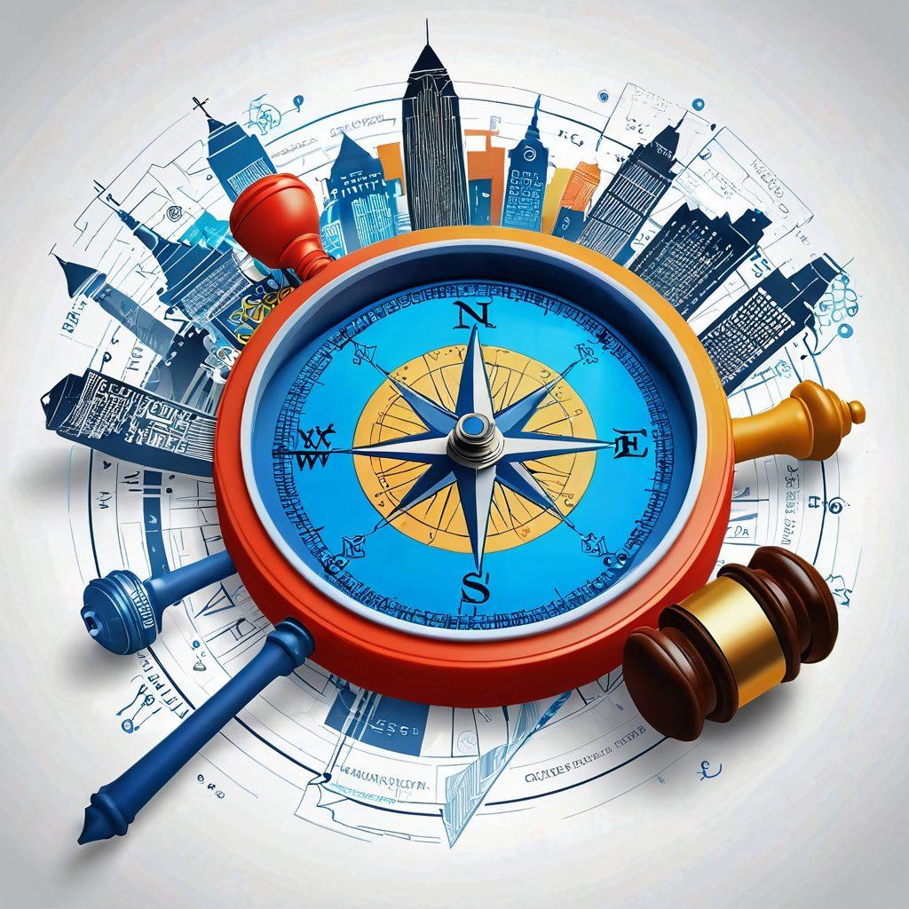 A compass merging with a gavel, with blogs and legal documents swirling around it, symbolizing the intersection of law and blogging. The background features a digital blueprint of a cityscape, illustrating connectivity and advocacy. Use vibrant colors and a tech-inspired style to emphasize modern legal insights. super-realistic. vibrant colors. white background.