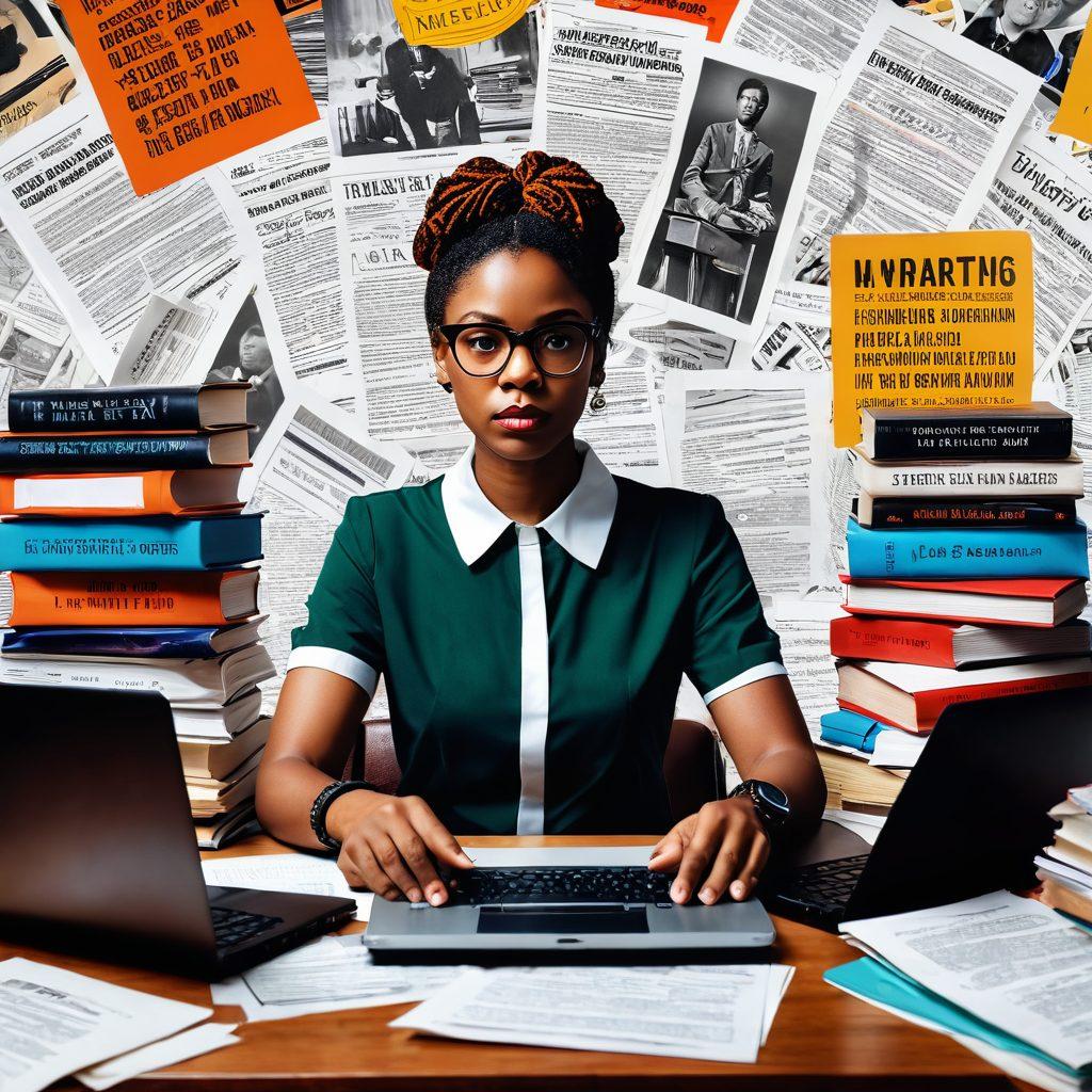 A thoughtful blogger at a desk surrounded by legislation documents and civil rights symbols, typing passionately on a laptop, with vibrant books stacked nearby. The background features a collage of protest signs, legal texts, and diverse activists united in advocacy. Evoke a sense of empowerment and knowledge. super-realistic. vibrant colors. 3D.
